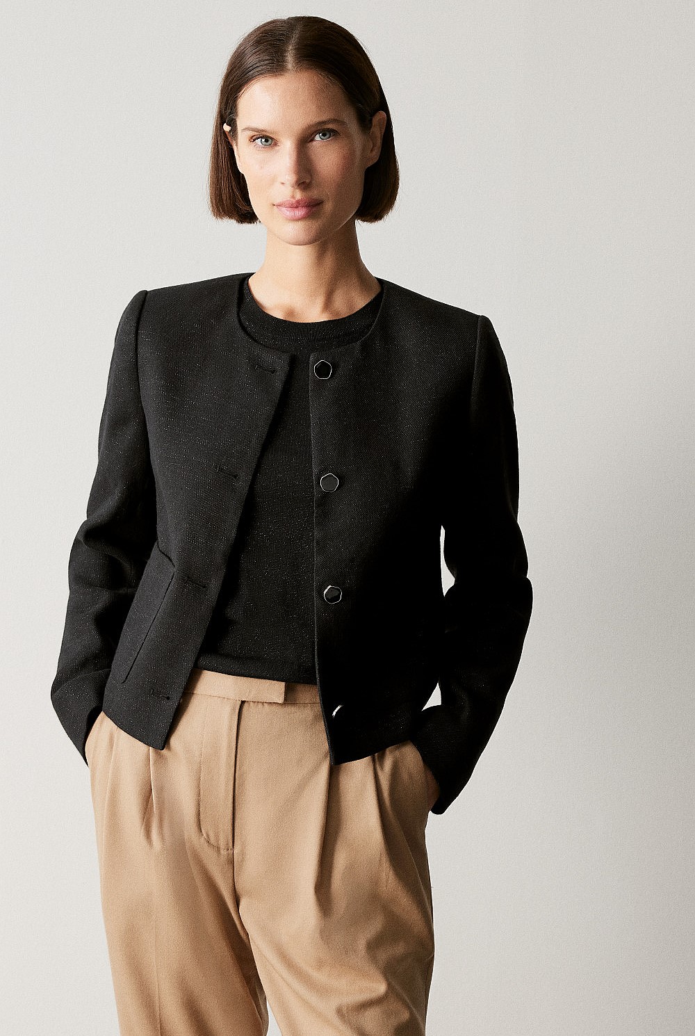 Black Linen Blend Metallic Cropped Jacket Outerwear Outlet