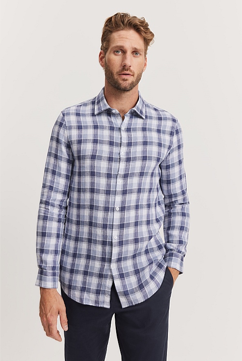 Blue Tailored Fit Organically Grown Linen Delave Check Shirt - Casual ...