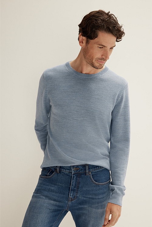 Chambray Blue Classic Merino Crew - Merino Wool Jumpers | Outlet