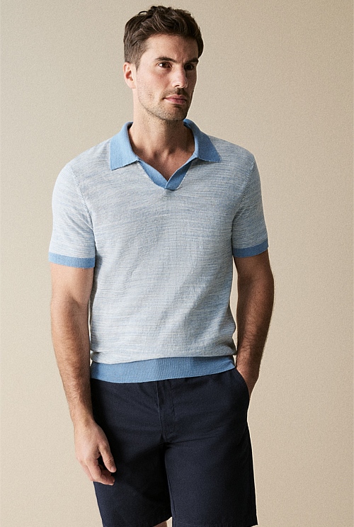 Slate Blue Cotton Linen Stripe Polo - Polo Shirts | Outlet