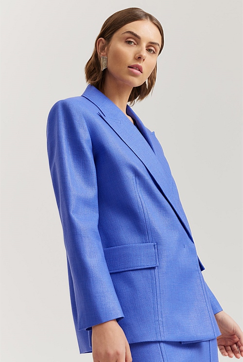 Cornflower Basket Weave Double Breasted Blazer - Jackets & Coats | Outlet