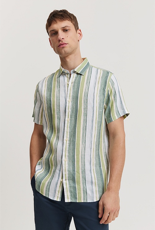 Regular Fit Organically Grown Linen Stripe Short Sleeve Shirt