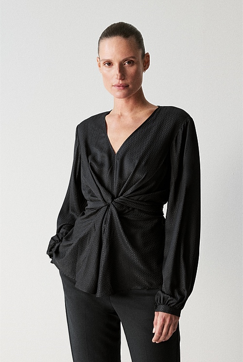 Viscose Silk Jacquard Twist Front Blouse Viscose Silk Jacquard Twist Front Blouse