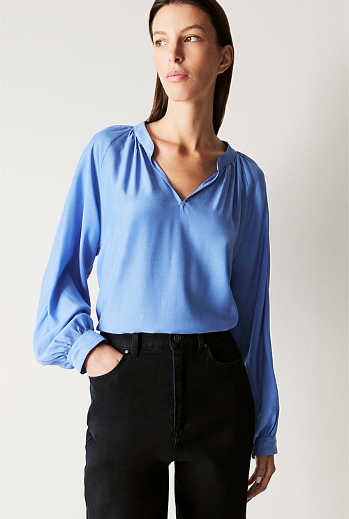 Cupro Blend Blouson Sleeve Blouse