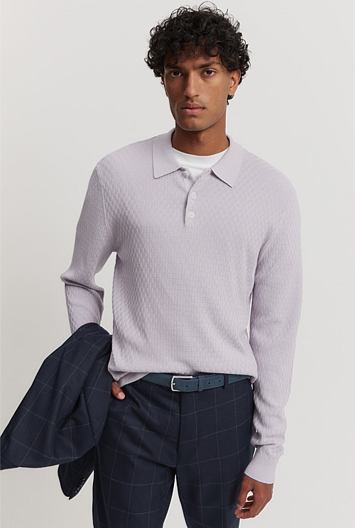 Cotton Silk Textured Long Sleeve Polo