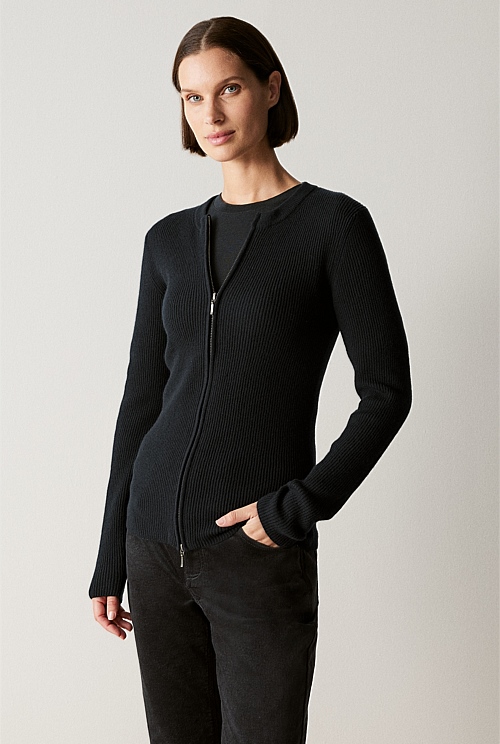 Merino Rib Zip Through Cardigan