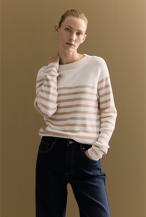 Cotton Cashmere Blend Striped Knit Crew