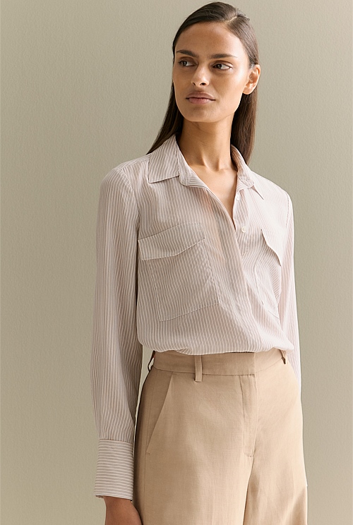 Silk Fine Stripe Pocket Detail Shirt