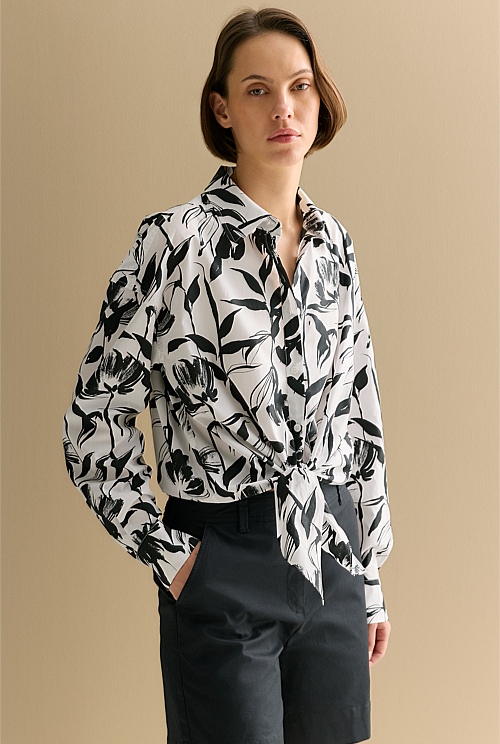 Cotton Poplin Floral Tie Front Shirt