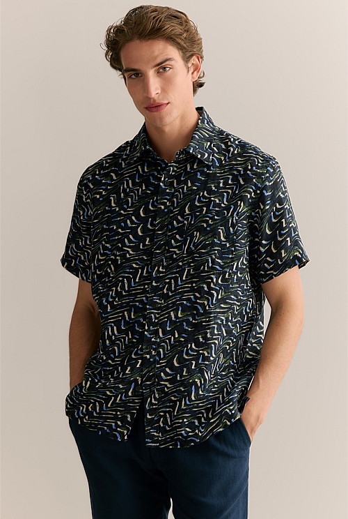 Regular Fit Linen Wave Print Short Sleeve Shirt