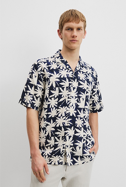 Organically Grown Linen Short Sleeve Palm Tile Print Shirt Organically Grown Linen Short Sleeve Palm Tile Print Shirt