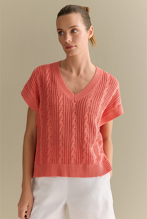Mercerised Cable Knit Relaxed V Neck Top Mercerised Cable Knit Relaxed V Neck Top