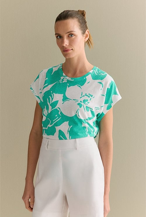 Linen Cotton Floral Relaxed Cap Sleeve T-shirt Linen Cotton Floral Relaxed Cap Sleeve T-shirt