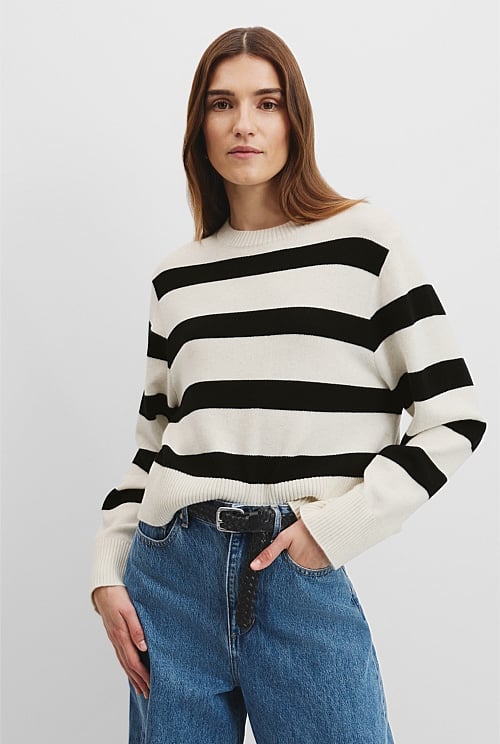 Organically Grown Cotton Blend Stripe Crop Crew Neck Knit Organically Grown Cotton Blend Stripe Crop Crew Neck Knit
