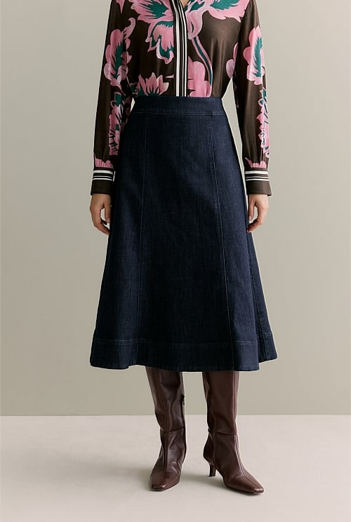 Cotton Blend Denim A-Line Skirt
