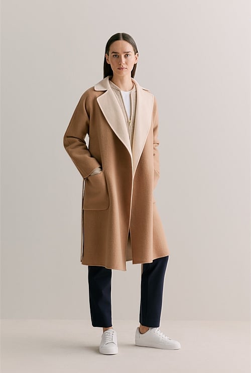 Double Faced Wool Contrast Wrap Coat