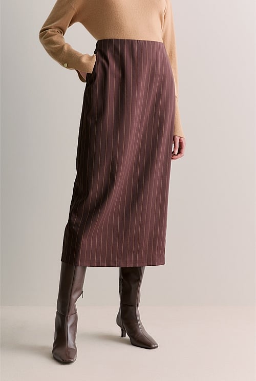Stretch Wool Pinstripe Longline Pencil Skirt