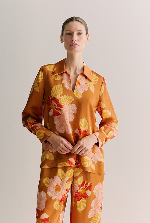 Satin Peony Print Relaxed Blouse Satin Peony Print Relaxed Blouse