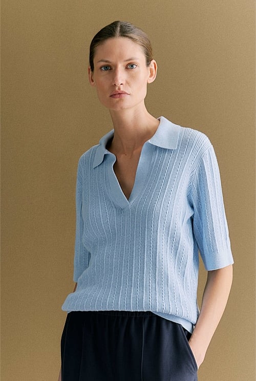 Cotton Cashmere Cable Short Sleeve Polo