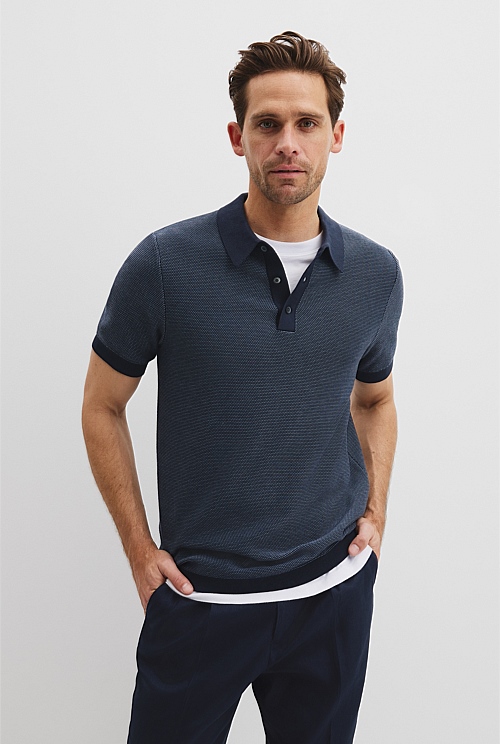 Cotton Blend Silk Textured Knit Polo Cotton Blend Silk Textured Knit Polo
