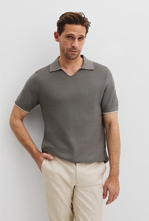 Australian Cotton Textured V-Neck Neck Polo Australian Cotton Textured V-Neck Neck Polo