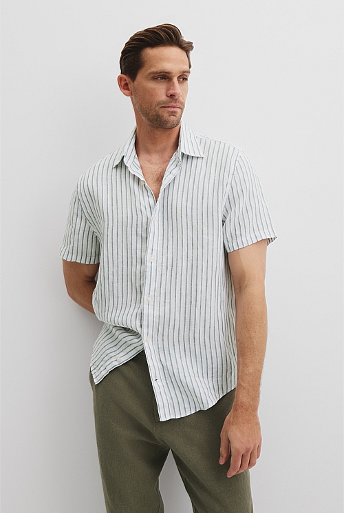 Regular Fit Linen Short Sleeve Stripe Shirt Regular Fit Linen Short Sleeve Stripe Shirt