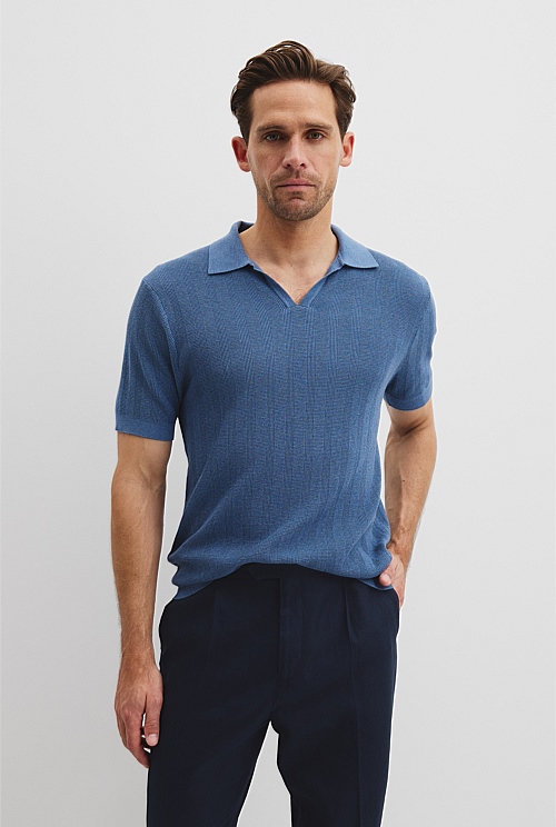 Cotton Silk Stripe Open Neck Polo Cotton Silk Stripe Open Neck Polo