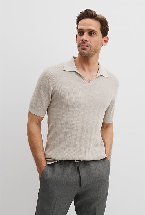 Cotton Silk Stripe Open Neck Polo Cotton Silk Stripe Open Neck Polo