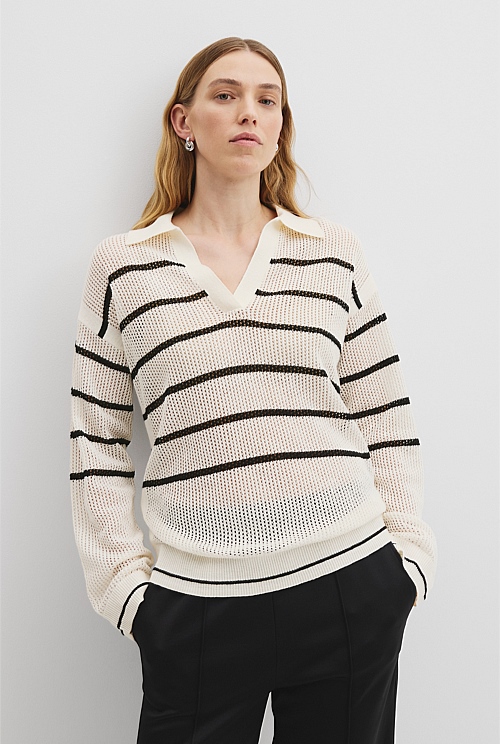Organically Grown Cotton Linen Stripe Mesh Long Sleeve Polo Knit Organically Grown Cotton Linen Stripe Mesh Long Sleeve Polo Knit