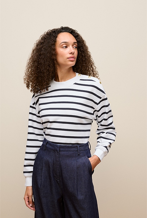 Cotton Terry Stripe Button Detail Sweat