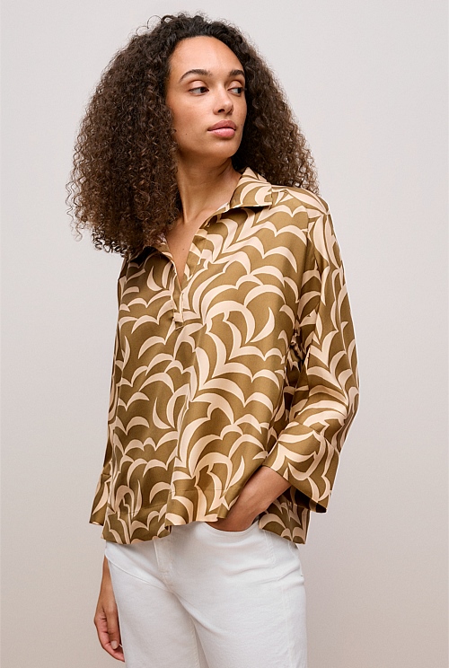 Fern Leaf Silk Popover Shirt