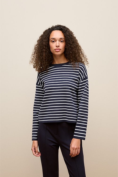Cotton Crepe Stripe Knit Crew Cotton Crepe Stripe Knit Crew