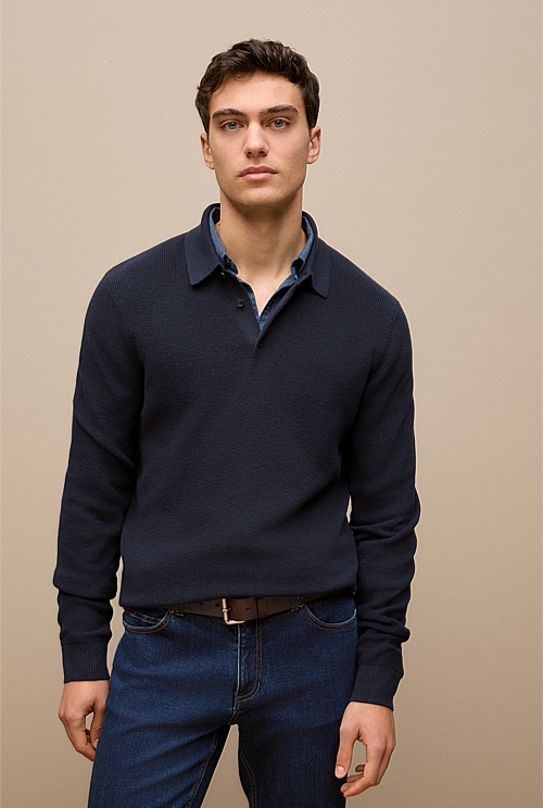 Textured Long Sleeve Knit Polo