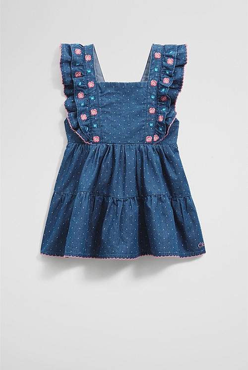 Cotton Chambray Frill Embroidered Dress Cotton Chambray Frill Embroidered Dress