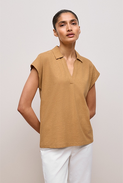 Linen Cotton Relaxed Cap Sleeve Polo