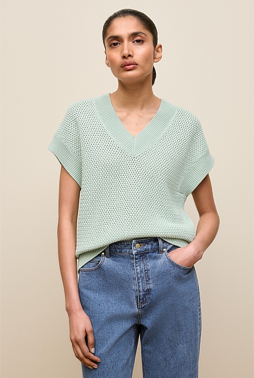Mercerised Cotton Basketweave Knit Vest