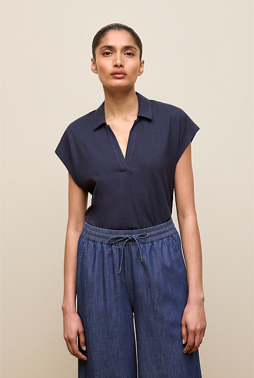 Linen Cotton Relaxed Cap Sleeve Polo Linen Cotton Relaxed Cap Sleeve Polo