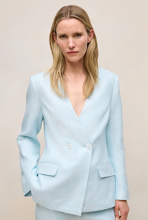 Linen Collarless V Neck Blazer Linen Collarless V Neck Blazer