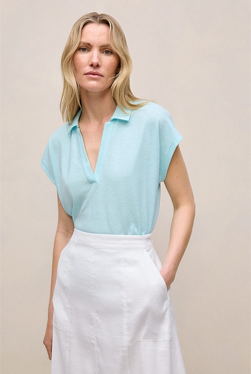 Linen Cotton Relaxed Cap Sleeve Polo Linen Cotton Relaxed Cap Sleeve Polo
