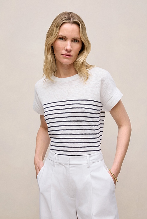 Linen Cotton Stripe Relaxed Crew T-shirt Linen Cotton Stripe Relaxed Crew T-shirt