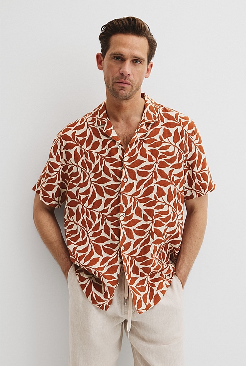 Linen Leaf Print Short Sleeve Shirt Linen Leaf Print Short Sleeve Shirt