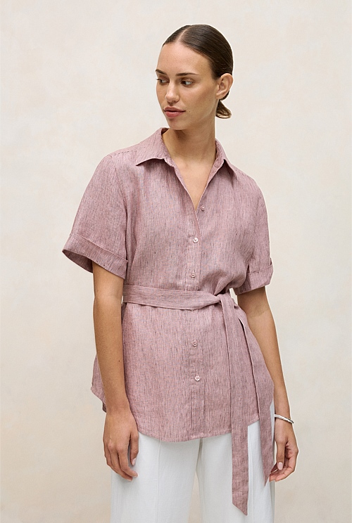 Linen End On End Stripe Belted Shirt Linen End On End Stripe Belted Shirt
