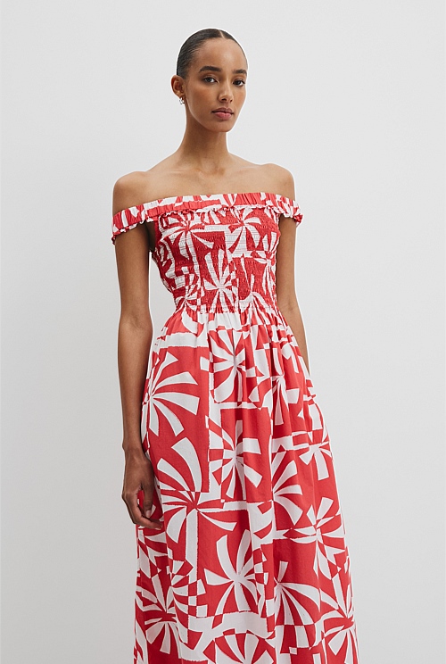 Print Shirred Midi Dress Print Shirred Midi Dress