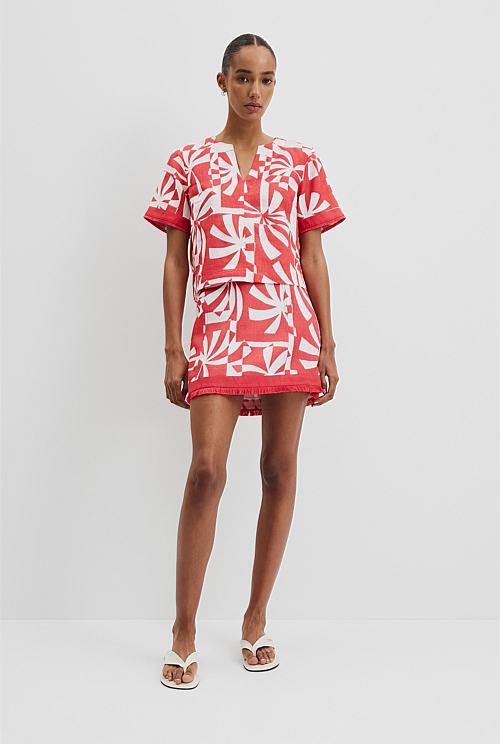 Organically Grown Linen Print Fray Mini Skirt Organically Grown Linen Print Fray Mini Skirt
