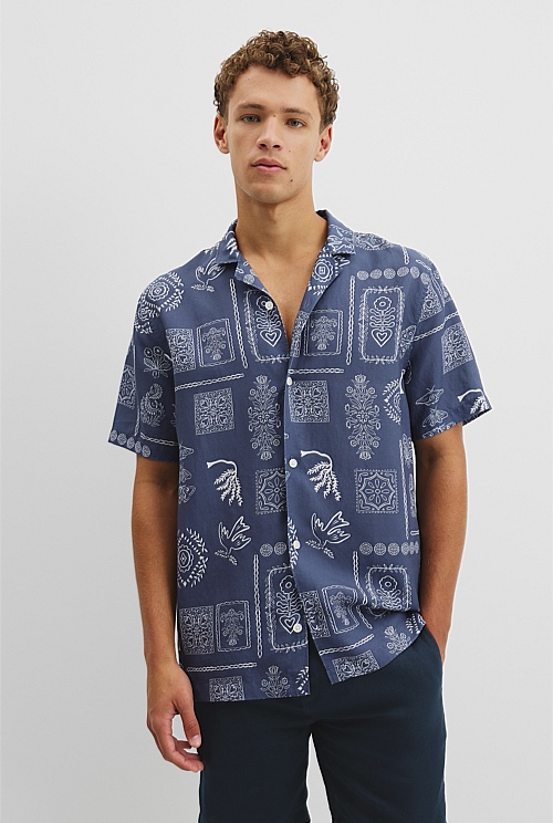Short Sleeve Tencel Linen Stamp Print Shirt Short Sleeve Tencel Linen Stamp Print Shirt