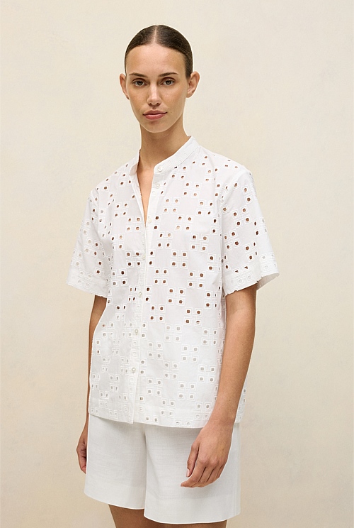 Cotton Geo Cutwork Short Sleeve Shirt Cotton Geo Cutwork Short Sleeve Shirt