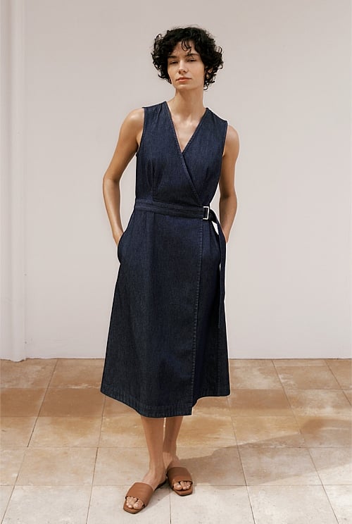 Denim Sleeveless Wrap Dress Denim Sleeveless Wrap Dress