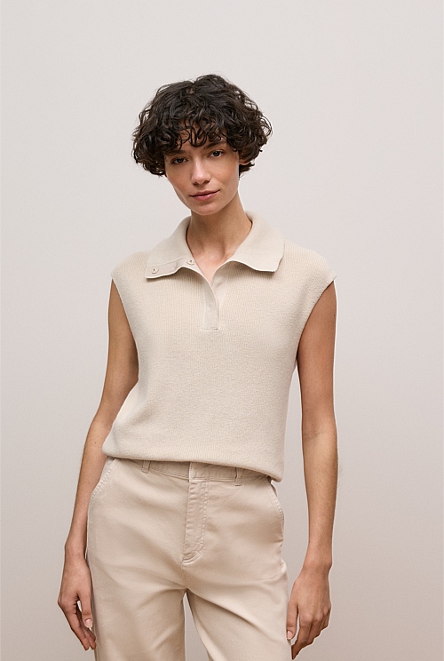 Cotton Cashmere Sleeveless Button Neck Knit Cotton Cashmere Sleeveless Button Neck Knit