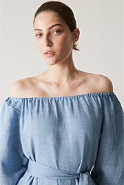 Yarn Dyed Linen Blend Boat Neck Blouse