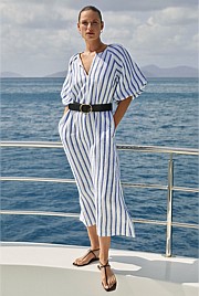 Yarn Dyed Linen Stripe Blouson Sleeve Dress